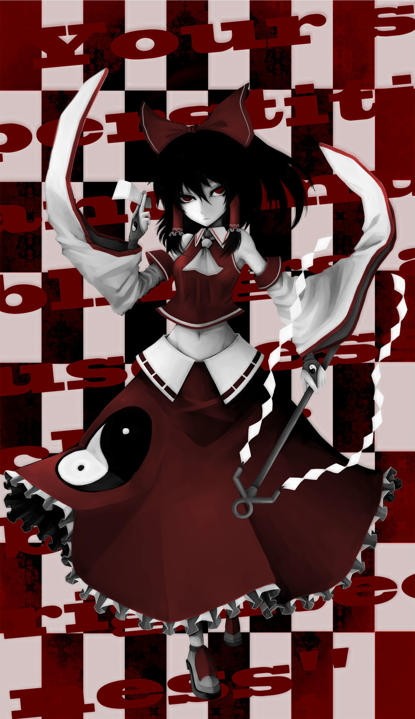 absurdres adapted_costume am24 black_hair bow checkered checkered_background detached_sleeves expressionless fingerless_gloves gloves gohei hair_bow hair_tubes hakurei_reimu highres navel ofuda red_eyes solo touhou white_skin wide_sleeves
