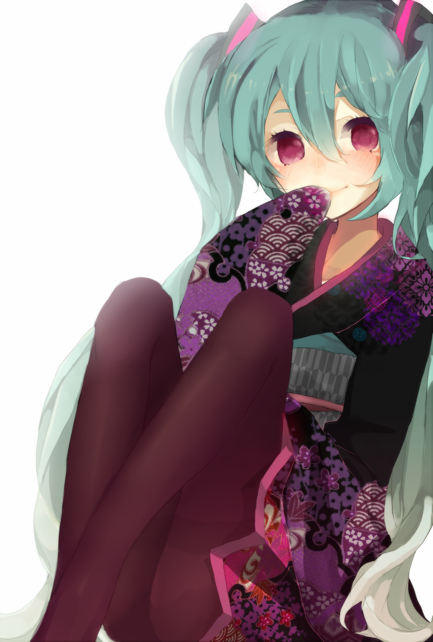 aqua_hair hatsune_miku highres japanese_clothes kimono long_hair miseo_(mrkglove) pantyhose red_eyes simple_background sitting smile solo twintails very_long_hair vocaloid white_background