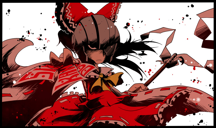 angry black_border black_eyes border bow claus crossover hair_bow hakurei_reimu helmet looking_at_viewer mother_(game) mother_3 ofuda rariatto_(ganguri) solo touhou touhou_mother