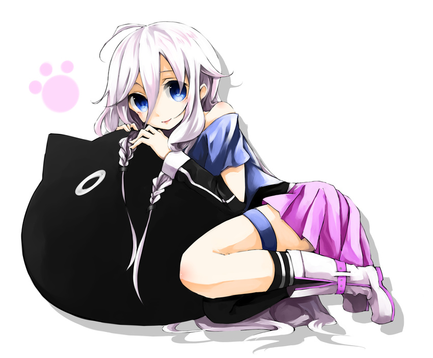 akira_ry0 blue_eyes boots braid full_body highres ia_(vocaloid) long_hair looking_at_viewer mismatched_legwear pillow pink_hair simple_background single_thighhigh sitting skirt smile solo thigh_strap thighhighs twin_braids vocaloid