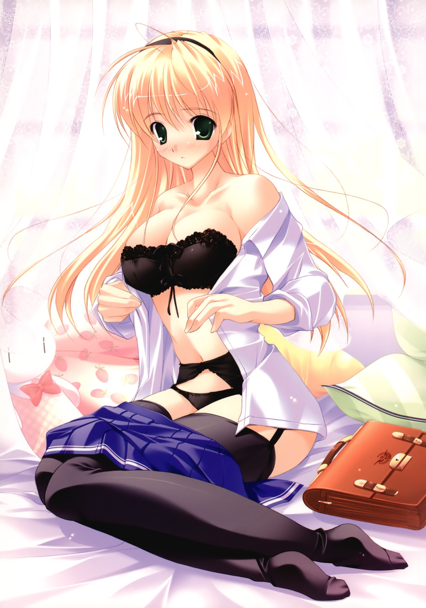 absurdres bag bare_shoulders bed black_bra black_panties blonde_hair blush bow bow_bra bra breasts cleavage curtains full_body garter_belt highres large_breasts lingerie long_hair mikeou miraroma nose_blush open_clothes open_shirt panties pillow seihouin_erika shirt sitting skirt skirt_pull sleeves_rolled_up solo strapless stuffed_animal stuffed_bunny stuffed_toy thighhighs unbuttoned underwear undressing