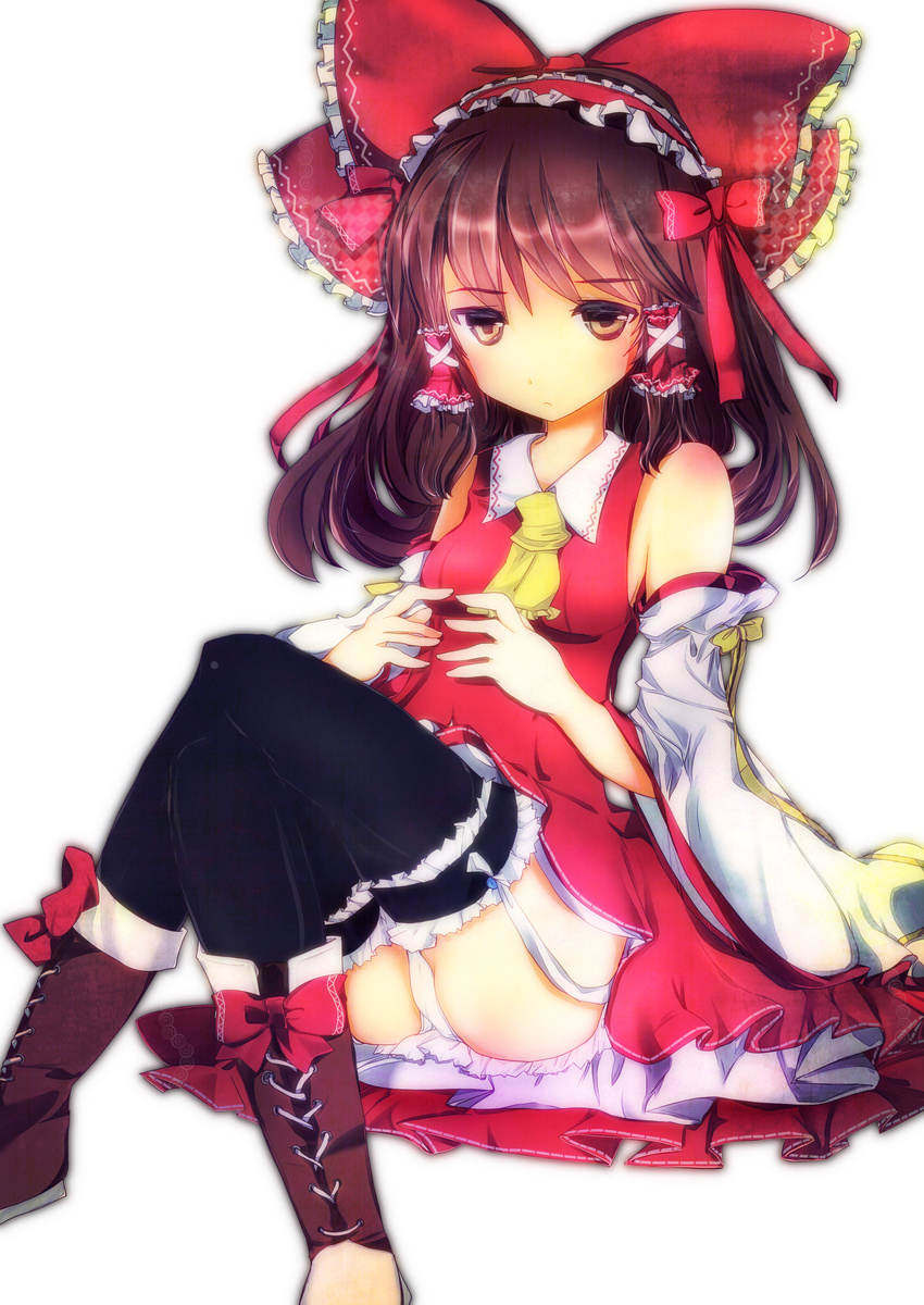 absurdres alternate_headwear ascot bad_id bad_pixiv_id black_legwear bow brown_hair cross-laced_footwear crossed_legs detached_sleeves dormo_(mkmog) hair_bow hair_tubes hairband hakurei_reimu highres panties pantyshot pantyshot_(sitting) simple_background sitting solo thighhighs touhou underwear white_background white_panties