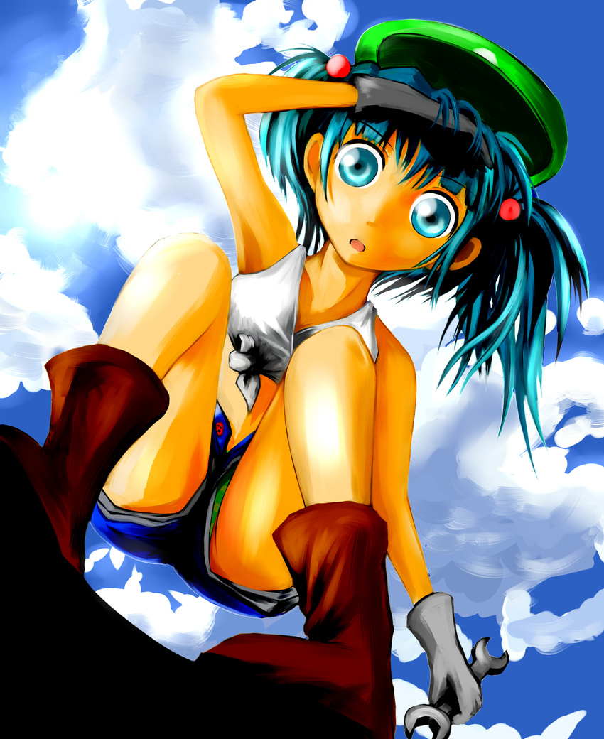 double_sided_wrench front-tie_top gloves hat highres kawashiro_nitori midriff okapachi shirt shoes short_twintails solo tied_shirt touhou twintails two_side_up wrench