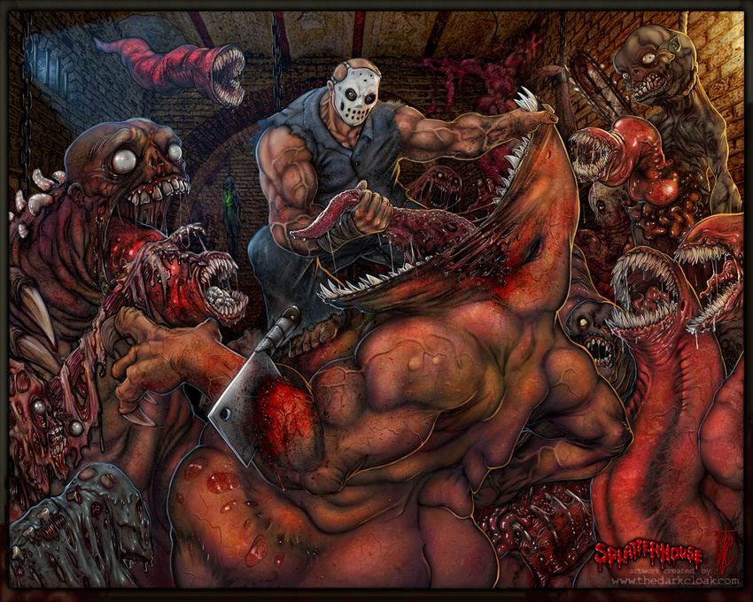 battle biggy_man blood boreworm brutal_death chainsaw claws demon drooling fight gore human male mammal meat_cleaver monster namco nightmare_fuel overweight rick_taylor saliva splatterhouse teeth terror_mask thedarkcloak tongue tongue_out undead video_games weapon zombie