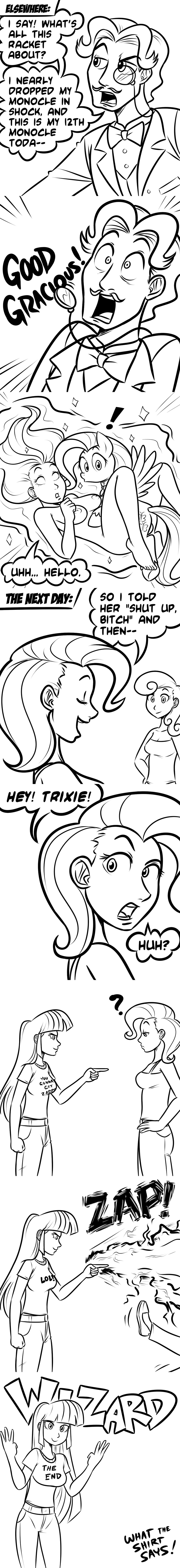 (mlp)megasweet black_and_white blog_comic breasts clothing comic cutie_mark dickgirl english_text equine fancy fancypants_(mlp) female feral fluttershy_(mlp) friendship friendship_is_magic herm herm_on_female hooves horse human humanized intersex interspecies is little magic mammal megasweet monochrome my my_little_pony pants pegasus pony sex sparkle text trixie_(mlp) twilight twilight_sparkle_(mlp) wings