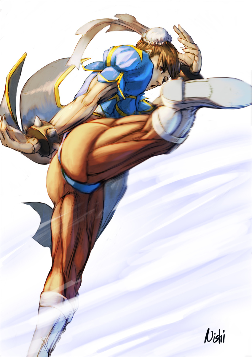 2c ass boots bracelet brown_eyes brown_hair bun_cover china_dress chinese_clothes chun-li cross-laced_footwear double_bun dress highres jewelry kicking lace-up_boots muscle muscular_female pantyhose pelvic_curtain signature solo spiked_bracelet spikes street_fighter thick_thighs thighs