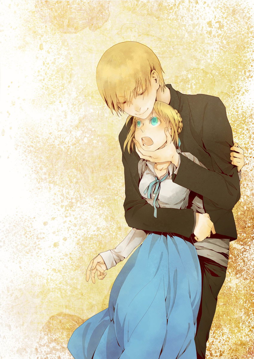 1girl ahoge artoria_pendragon_(all) bad_id bad_pixiv_id black_jacket blonde_hair blue_eyes casual colored_eyelashes face_hold fate/stay_night fate_(series) fcsz3d1a gilgamesh green_eyes hair_ribbon height_difference hetero highres hug hug_from_behind jacket red_eyes ribbon saber