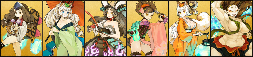 abs absurdres animal_ears armor arrow black_hair blue_eyes bow_(weapon) breasts brown_hair cleavage collarbone column_lineup comb conch electricity eyeshadow flower fox_ears fox_tail hadanugi_dousa hagoromo hair_flower hair_ornament hair_ribbon hat helmet highres hikimayu hitodama horns japanese_armor japanese_clothes kaworu kimono kongiku large_breasts leaf leaf_on_head long_hair long_image makeup momohime multiple_girls muscle nail_polish oboro_muramasa off_shoulder open_mouth oriental_umbrella paper pointy_ears raijin_(oboro_muramasa) ribbon sayo shawl tail thighhighs tokin_hat topless torahime twintails umbrella very_long_hair weapon white_hair wide_image yellow_eyes yuzuruha