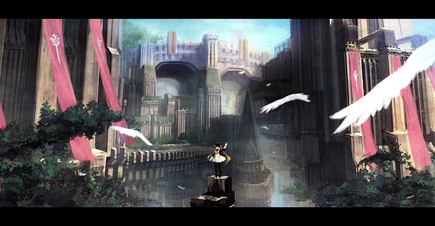 architecture banner blonde_hair city copyright_request gloves hat letterboxed long_hair scenery solo standing top_hat watanabe_minoru