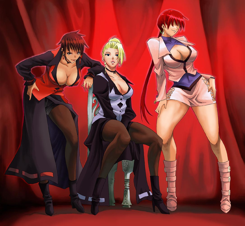 :p bent_over blonde_hair blue_eyes boots breasts chair choker cleavage cleavage_cutout earrings hair_bun hair_over_eyes hand_on_hip hand_on_thigh jewelry knee_boots large_breasts leaning_on_person long_hair long_skirt mature_(kof) miniskirt multiple_girls pantyhose pink_footwear red_hair saturn-freak shermie short_hair sitting skirt the_king_of_fighters thighs tongue tongue_out vice