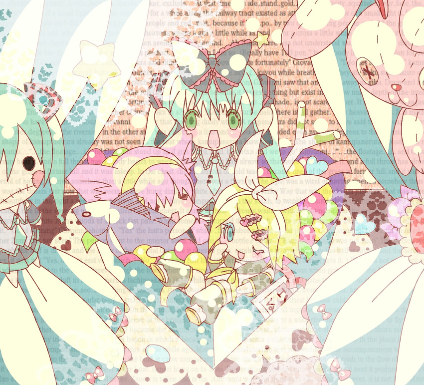 :3 animal_ears apollo_cake arms_up bad_id bad_pixiv_id blonde_hair bow bunny cat_ears chibi closed_eyes detached_sleeves doll fish green_eyes green_hair hair_bow hair_ribbon hatsune_miku kagamine_rin long_hair megurine_luka multiple_girls necktie one_eye_closed open_mouth pink_hair ribbon spring_onion stuffed_animal stuffed_toy valentine vocaloid