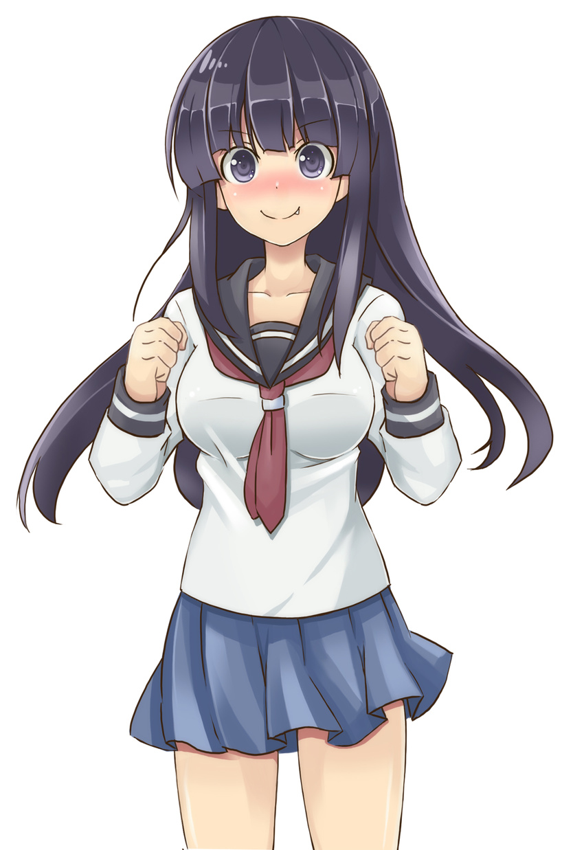 black_hair blush breasts bungaku_shoujo_(danshi_koukousei) danshi_koukousei_no_nichijou fang highres long_hair medium_breasts mo-fu school_uniform serafuku skirt smile solo