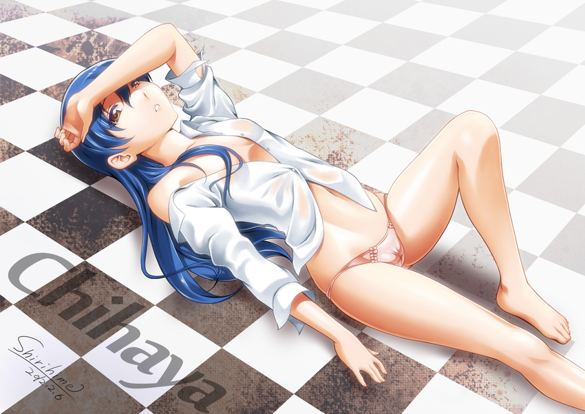 absurdres barefoot blue_hair brown_eyes cameltoe checkered checkered_floor clearite dated flat_chest hand_on_forehead highres idolmaster idolmaster_(classic) kisaragi_chihaya legs long_hair lying navel off_shoulder on_back panties parted_lips signature sleeves_pushed_up solo underwear