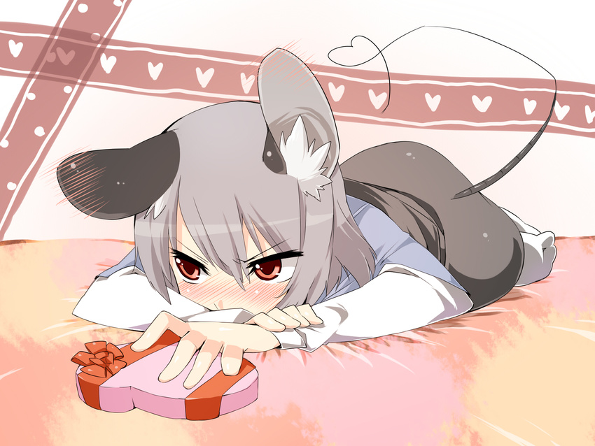 akagashi_hagane animal_ears bad_id bad_pixiv_id blush box ear_blush embarrassed grey_hair heart heart-shaped_box heart_tail highres lying mouse_ears mouse_tail nazrin on_stomach red_eyes short_hair solo tail touhou valentine