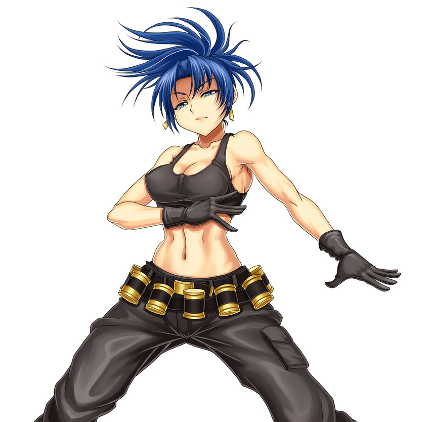 bandolier black_gloves blue_eyes blue_hair breasts cleavage crop_top earrings explosive fighting_stance gloves grenade jewelry large_breasts leona_heidern long_hair midriff navel pants ponytail shunzou solo tank_top the_king_of_fighters toned