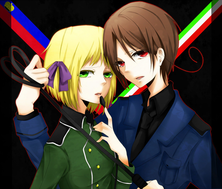 1girl ahoge axis_powers_hetalia bad_id bad_pixiv_id blonde_hair brown_hair green_eyes hair_ribbon liechtenstein_(hetalia) military military_uniform necktie northern_italy_(hetalia) red_eyes ribbon uniform whip zaki127