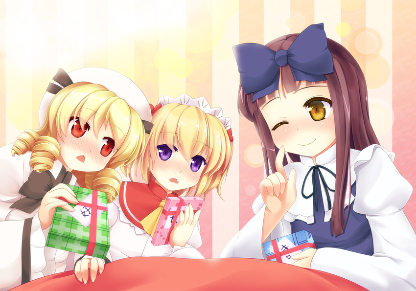 blonde_hair drill_hair gift hat long_hair luna_child multiple_girls niiya one_eye_closed red_eyes short_hair smile star_sapphire sunny_milk touhou valentine