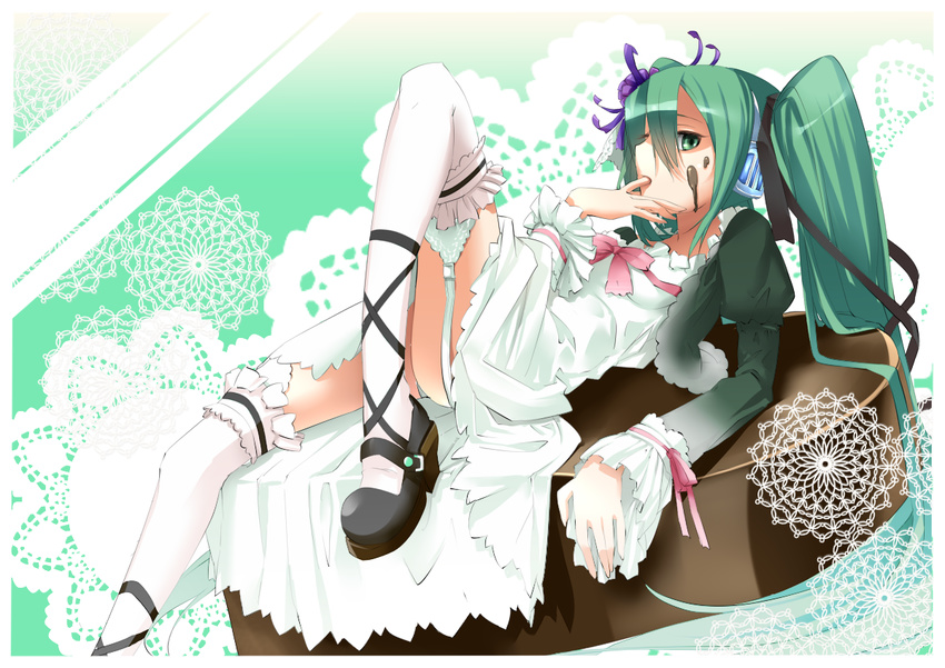 ankle_lace-up chocolate cross-laced_footwear doily dress finger_licking food food_on_face garter_straps garters green_eyes green_hair hair_ribbon hatsune_miku headphones kyougoku_touya licking long_hair panties reclining ribbon solo thighhighs twintails underwear valentine vocaloid