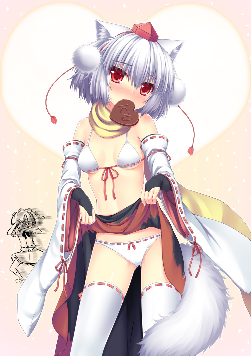 absurdres animal_ears blush bow bow_panties bra breasts bridal_gauntlets camera chocolate detached_sleeves fang hat highres inubashiri_momiji lingerie looking_at_viewer mouth_hold multiple_girls no_shirt panties paparazzi red_eyes scarf shameimaru_aya short_hair skirt skirt_lift small_breasts solo_focus tail thighhighs tokin_hat touhou underwear valentine white_bra white_hair white_legwear white_panties wolf_ears wolf_tail wolflong