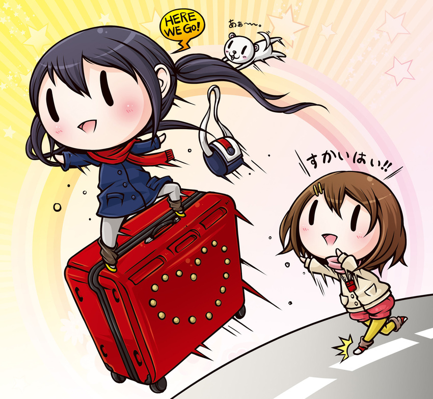 black_hair brown_hair chibi highres hirasawa_yui k-on! k-on!_movie long_hair luggage multiple_girls nakano_azusa onigawara scarf surfing twintails |_|