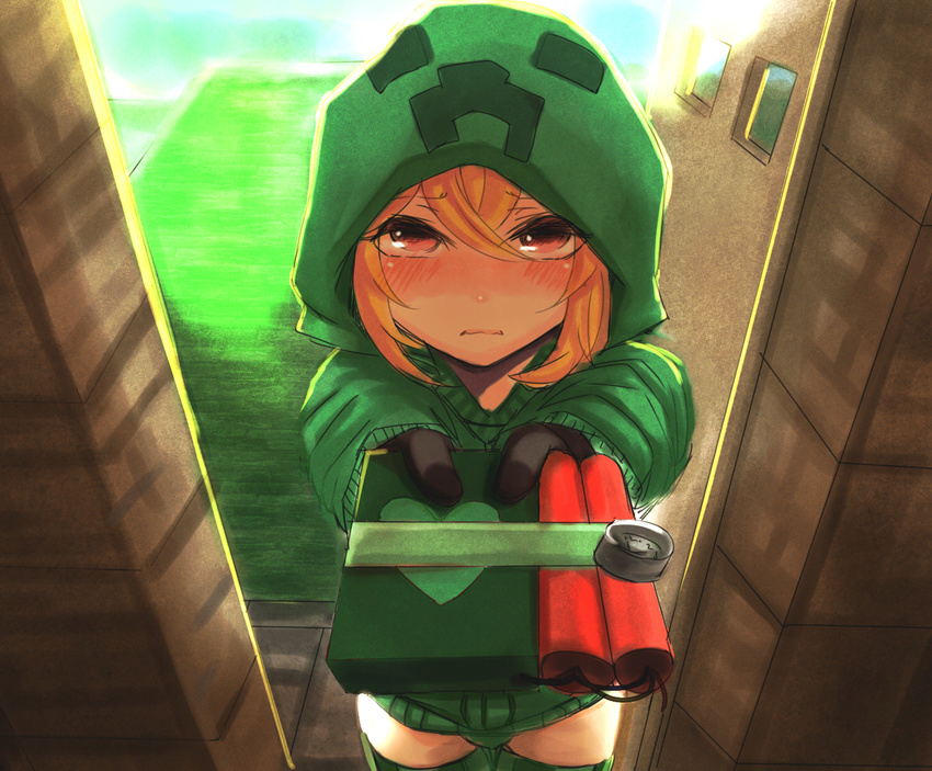 at2. blonde_hair blush bomb cowboy_shot creeparka creeper cupa_(at2.) dynamite gift gloves heart highres hood hoodie incoming_gift looking_at_viewer minecraft personification red_eyes short_hair solo thighhighs valentine