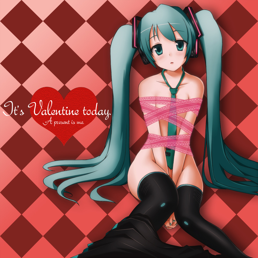 aqua_eyes aqua_hair bdsm bondage bound english hatsune_miku headphones heart highres long_hair looking_at_viewer misato_nagi nude sitting solo thighhighs twintails valentine very_long_hair vocaloid