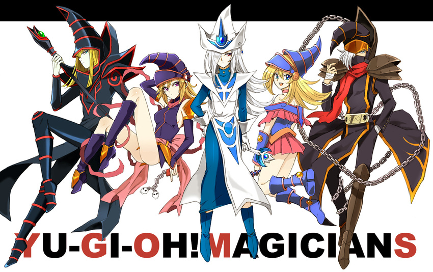 3girls bare_shoulders blonde_hair blue_footwear boots chain dark_magician dark_magician_girl duel_monster gagaga_girl gagaga_magician hair_between_eyes hand_in_pocket hat long_hair multiple_boys multiple_girls nb open_mouth shoulder_pads silent_magician silver_hair staff wand witch_hat wizard wizard_hat yuu-gi-ou yuu-gi-ou_zexal