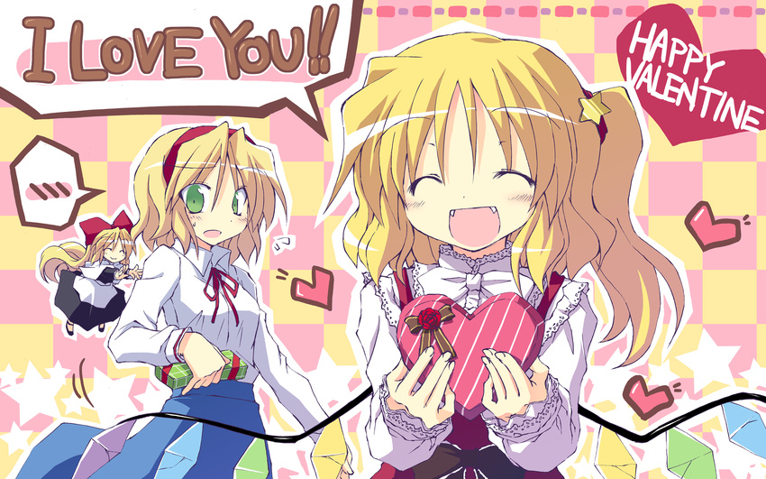 :d :o ^_^ alice_margatroid blonde_hair box checkered checkered_background closed_eyes english fangs flandre_scarlet flying_sweatdrops gift green_eyes happy happy_valentine heart heart-shaped_box highres multiple_girls no_hat no_headwear open_mouth satou_kibi shanghai_doll short_hair side_ponytail smile spoken_blush star touhou valentine wings