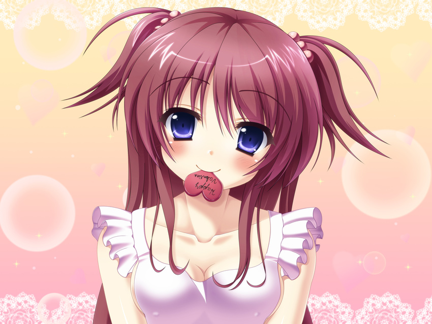 apron blue_eyes breasts brown_hair chocolate chocolate_heart cleavage collarbone covered_nipples eyebrows eyebrows_visible_through_hair hair_ornament happy_valentine heart highres long_hair looking_at_viewer medium_breasts naked_apron nukou original smile solo upper_body valentine