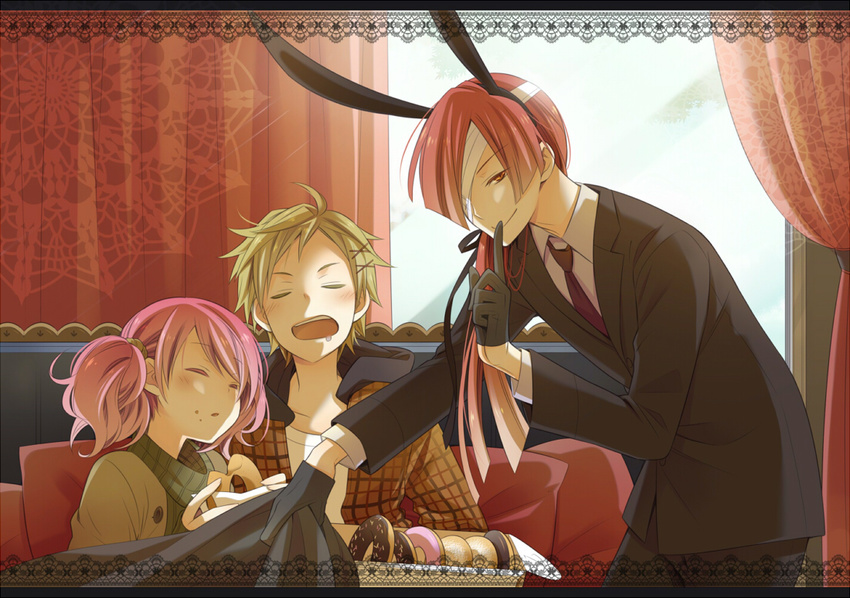 2boys animal_ears bad_id bad_pixiv_id bandages banned_artist blonde_hair bunny_ears closed_eyes doughnut food formal gloves half_gloves inu_x_boku_ss multiple_boys natsume_zange necktie pink_hair ponytail roromiya_karuta short_hair sleeping smile suit torino_rito twintails watanuki_banri