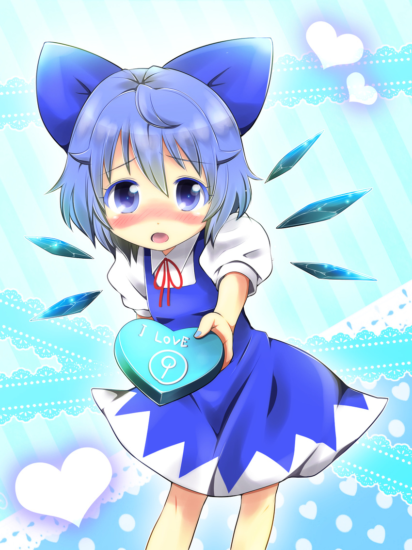 bad_id bad_pixiv_id blue_eyes blue_hair blush bow box cirno embarrassed hair_bow heart heart-shaped_box highres incoming_gift leaning_forward open_mouth solo touhou uta_(kuroneko) valentine wings