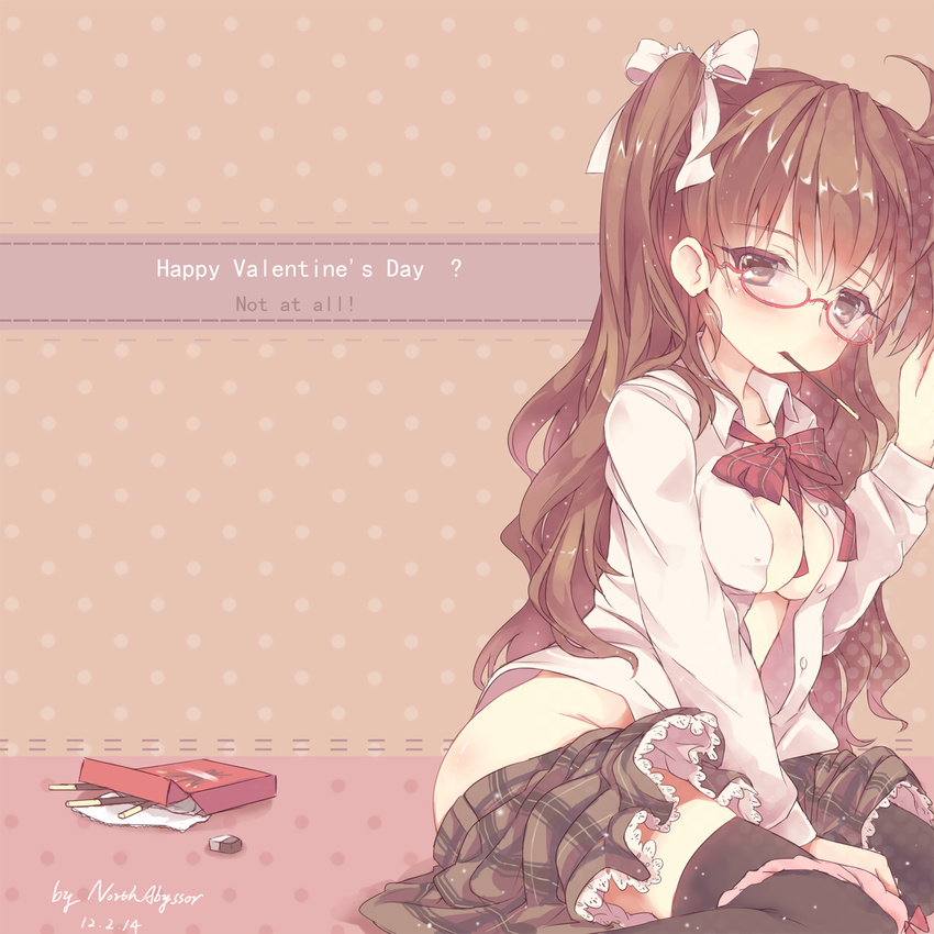 ahoge arm_up artist_name between_breasts between_legs black_legwear blush bow bowtie box breasts brown_background brown_eyes brown_hair buttons collarbone dated english food food_in_mouth glasses hair_between_eyes hair_over_shoulder hair_ribbon hand_between_legs happy_valentine highres hips lace lace-trimmed_skirt long_hair long_sleeves looking_at_viewer mouth_hold no_bra north_abyssor one_side_up open_clothes open_mouth open_shirt original panties panties_around_one_leg pink_background pink_panties plaid plaid_ribbon plaid_skirt pocky polka_dot polka_dot_background red-framed_eyewear ribbon sad school_uniform semi-rimless_eyewear shirt signature sitting skirt sleeve_cuffs solo thighhighs unbuttoned under-rim_eyewear underwear valentine very_long_hair wariza white_ribbon white_shirt wing_collar zettai_ryouiki