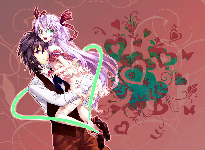 1girl al_azif bow daijuuji_kurou demonbane hair_bow hair_ribbon heart kabane_(follabi) long_hair purple_hair ribbon thighhighs