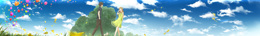 1girl absurdres arm_behind_back bad_id bad_pixiv_id balloon brown_eyes brown_hair cloud copyright_request day dress grass hair_ornament hairclip hand_in_hair hand_in_pocket highres jewelry long_hair long_image moka._tapioka nature necklace open_mouth petals short_hair sky sundress wide_image wind