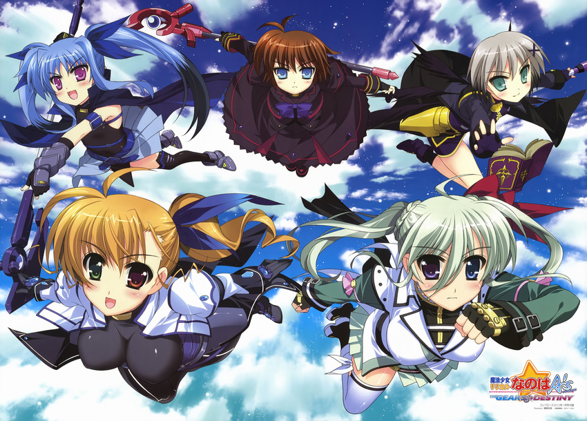 :d absurdres black_wings blonde_hair blue_eyes blush bodysuit book boots brown_hair cape cloud copyright_name cross day dress einhart_stratos fingerless_gloves flying frown fujima_takuya gloves green_eyes green_hair hair_ribbon heterochromia highres jacket long_hair luciferion lyrical_nanoha mahou_shoujo_lyrical_nanoha mahou_shoujo_lyrical_nanoha_a's mahou_shoujo_lyrical_nanoha_a's_portable:_the_battle_of_aces mahou_shoujo_lyrical_nanoha_a's_portable:_the_gears_of_destiny mahou_shoujo_lyrical_nanoha_vivid material-d material-l material-s multicolored_hair multiple_girls multiple_wings older open_mouth purple_eyes red_eyes ribbon scan short_hair side_ponytail silver_hair skirt sky smile staff thighhighs tome_of_the_purple_sky twintails two-tone_hair vivio vulnificus wings yersiniakreuz