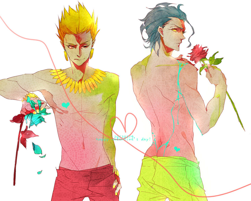 ahoge black_hair blonde_hair blue_flower blue_hair blue_rose butt_crack earrings fate/zero fate_(series) flower gilgamesh groin heart heart_of_string jewelry lancer_(fate/zero) male_focus mctee mole mole_under_eye multiple_boys necklace one_eye_closed red_eyes red_flower red_rose rose shirtless shorts white_background yellow_eyes