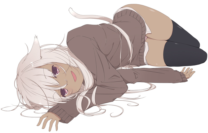 animal_ears black_legwear cat_ears cat_tail dark_skin hips long_hair lying muranisaki on_side original panties pantyshot pink_panties purple_eyes silver_hair sleeves_past_wrists smile solo sweater tail thighhighs thighs underwear