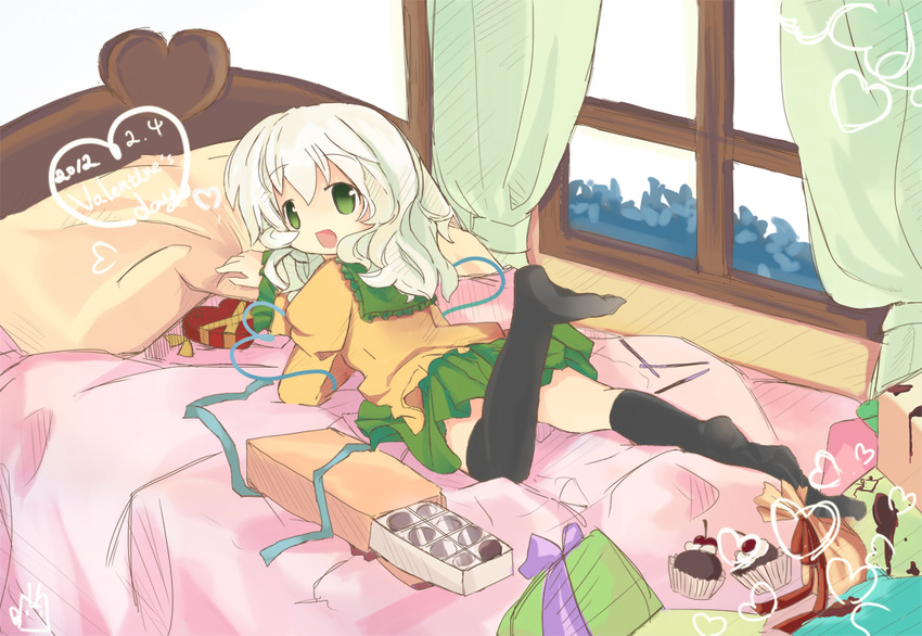 bag bed black_legwear blush box box_of_chocolates chocolate cupcake curtains food gift green_eyes heart heart-shaped_box kisumi_mews komeiji_koishi lying no_hat no_headwear on_stomach open_mouth pillow short_hair silver_hair skirt smile solo thighhighs touhou valentine window