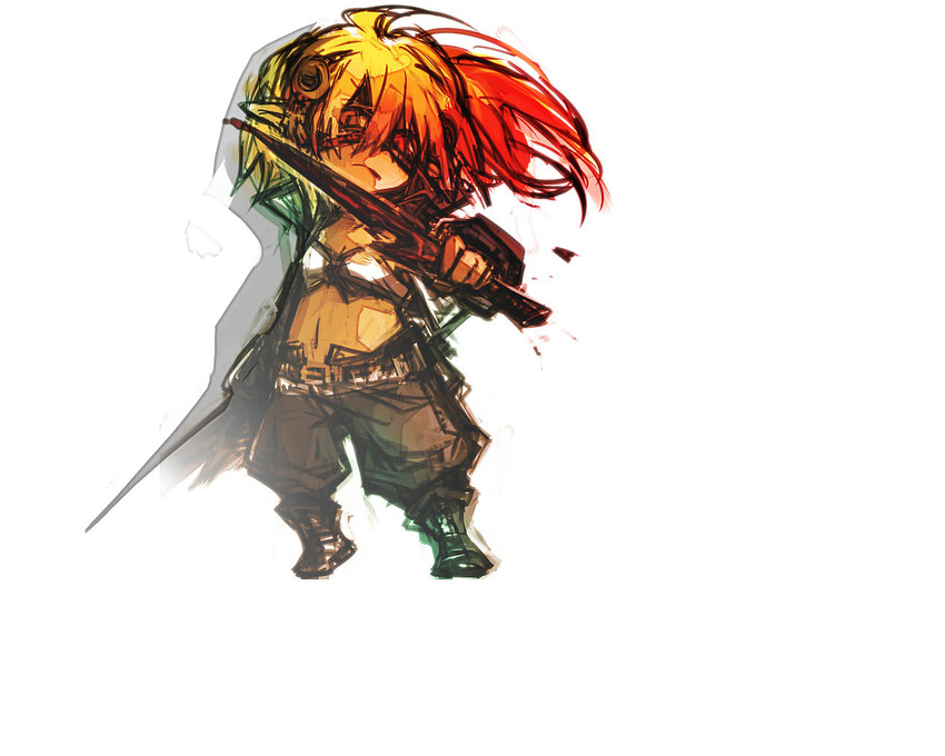 belt blonde_hair boots final_fantasy final_fantasy_xi fujiwara_akina jacket knife midriff red_eyes solo tarutaru weapon