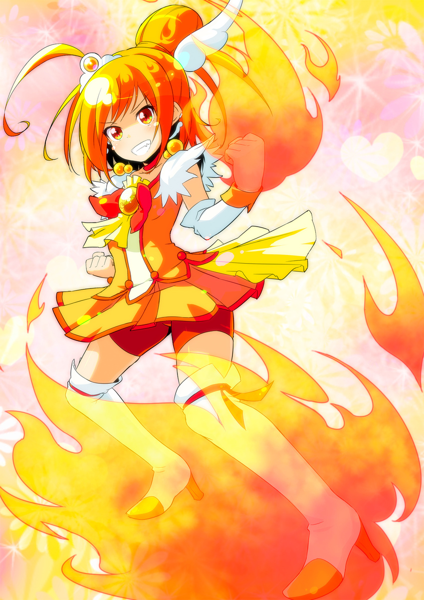 bike_shorts boots choker cure_sunny fire grin hair_bun highres hino_akane_(smile_precure!) magical_girl orange_(color) orange_choker orange_eyes orange_hair orange_skirt precure red_shorts short_hair shorts shorts_under_skirt skirt smile smile_precure! solo sw thigh_boots thighhighs white_legwear