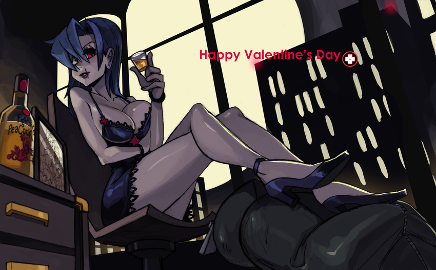 alcohol alex_ahad bare_shoulders blue_hair body_bag breasts chair cleavage collarbone crossed_legs cup drinking_glass happy_valentine high_heels highres lace large_breasts legs lipstick long_hair makeup red_eyes scar shoes shot_glass sitting skullgirls smile solo symbol-shaped_pupils thighs valentine valentine_(skullgirls) window