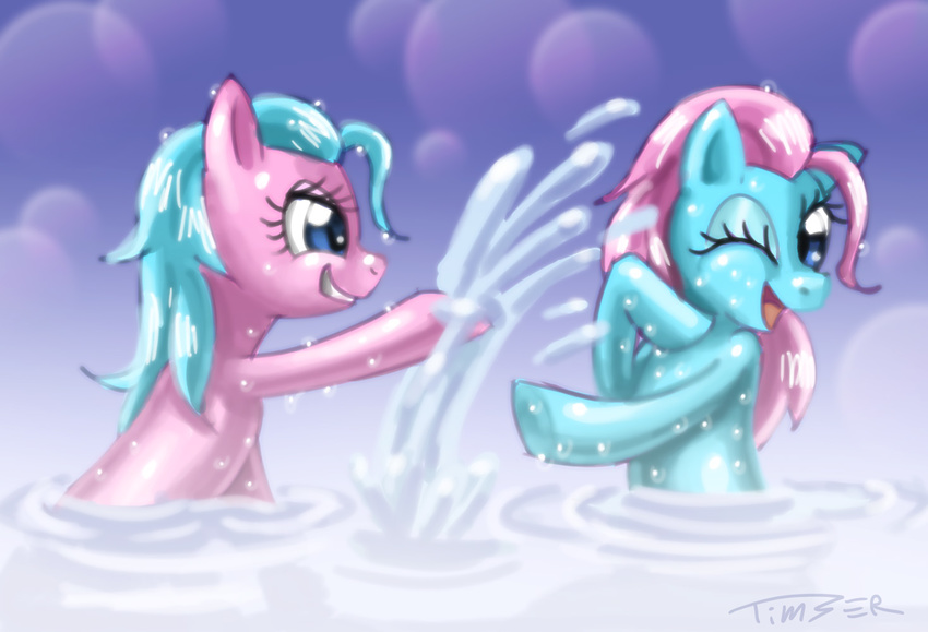 aloe_(mlp) blue_eyes blue_hair duo equine female feral friendship_is_magic grin hair happy horse lotus_(mlp) mammal my_little_pony one_eye_closed open_mouth pink_hair playful playing pluckyninja pony sibling siblings sisters splash splashing water wet wink