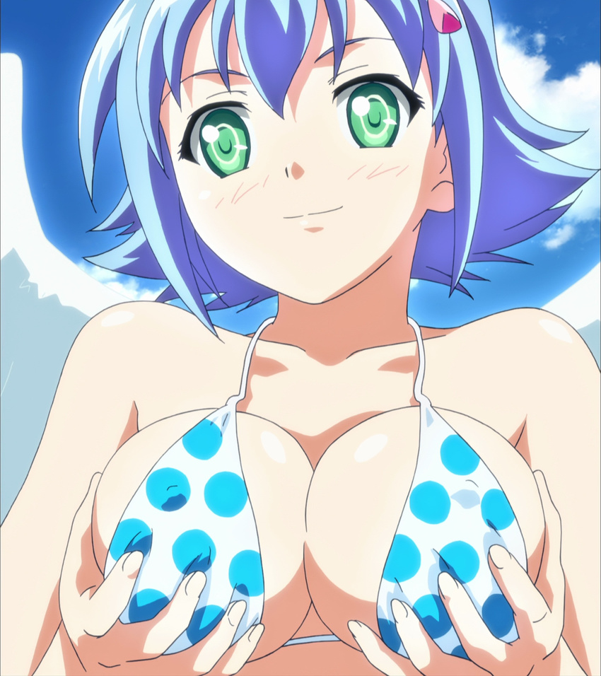 blue_hair breast_grab breast_hold breasts female girl green_eyes highres nanael queen's_blade queen's_blade short_hair smile solo
