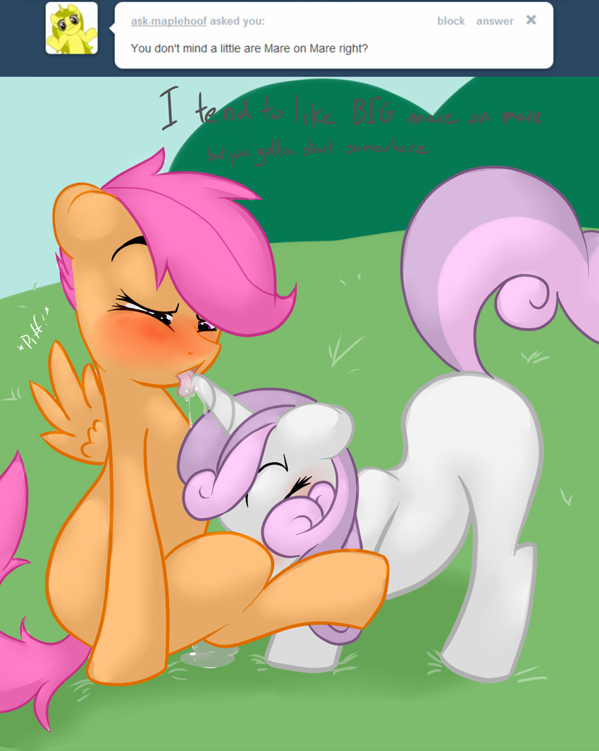 blush cub equine female feral friendship_is_magic horn hornjob horse lesbian mammal my_little_pony oral oral_sex pegasus pony pussy_juice scootaloo_(mlp) severus sex sweetie_belle_(mlp) tumblr unicorn wing_boner wings young