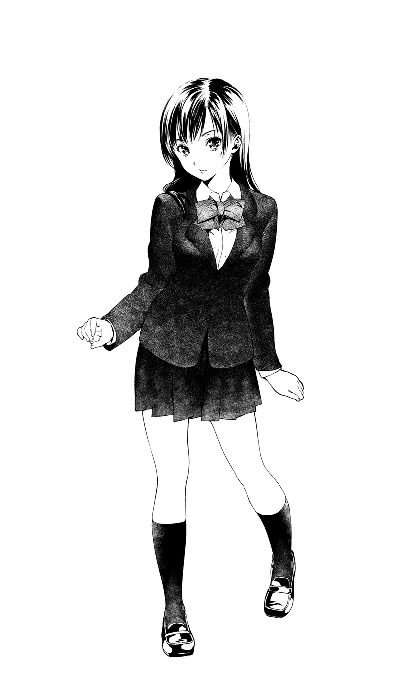 blazer bow bowtie full_body greyscale highres jacket kneehighs loafers long_hair looking_at_viewer monochrome original pleated_skirt school_uniform shoes simple_background skirt solo tosh_(imonade_ryouchou)