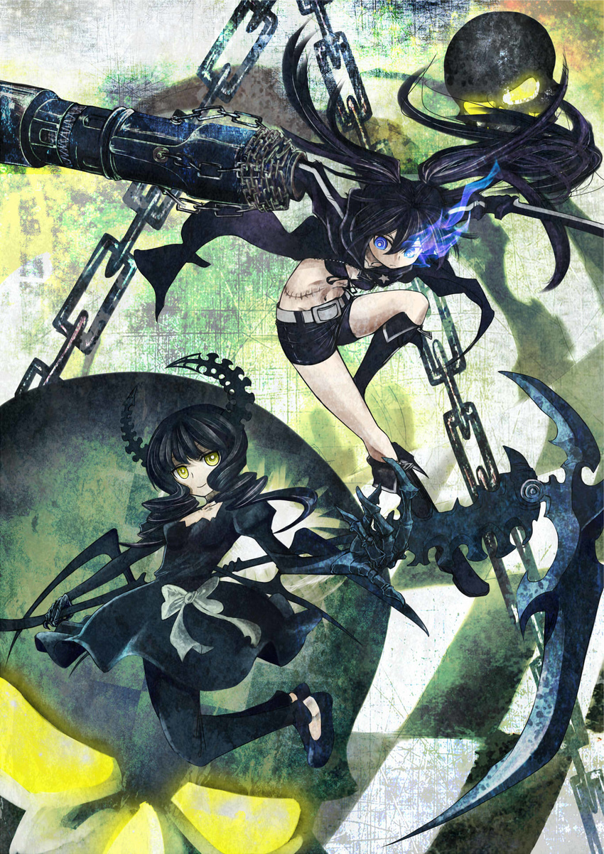 arm_cannon bikini_top black_hair black_rock_shooter black_rock_shooter_(character) blue_eyes boots burning_eye cannon chain dead_master glowing glowing_eye highres holding holding_scythe horns long_hair midriff multiple_girls navel scar scythe shorts skull smile sword twintails weapon