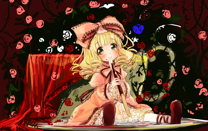 abe_kanari blonde_hair blush bow curly_hair dress flower food frills gothic_lolita green_eyes hair_ribbon highres hina_ichigo lolita_fashion pink_bow pocky ribbon rose rozen_maiden saliva sitting smile solo