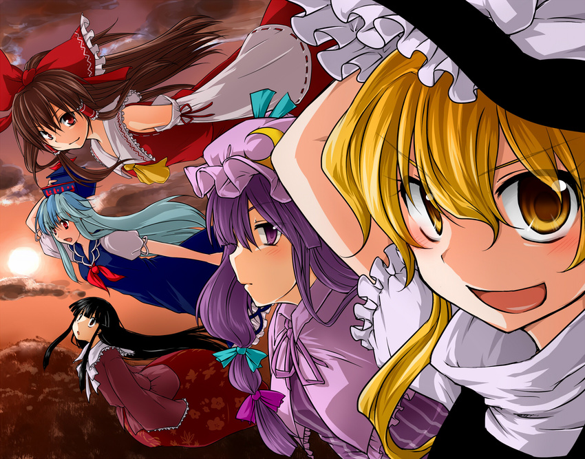 black_hair blonde_hair blue_hair blush brown_eyes brown_hair cloud detached_sleeves face flying foreshortening group_picture group_profile hakurei_reimu hat highres houraisan_kaguya kamishirasawa_keine kirisame_marisa lineup long_hair looking_at_viewer monrooru multiple_girls patchouli_knowledge profile purple_eyes purple_hair sky smile sun sunset touhou very_long_hair