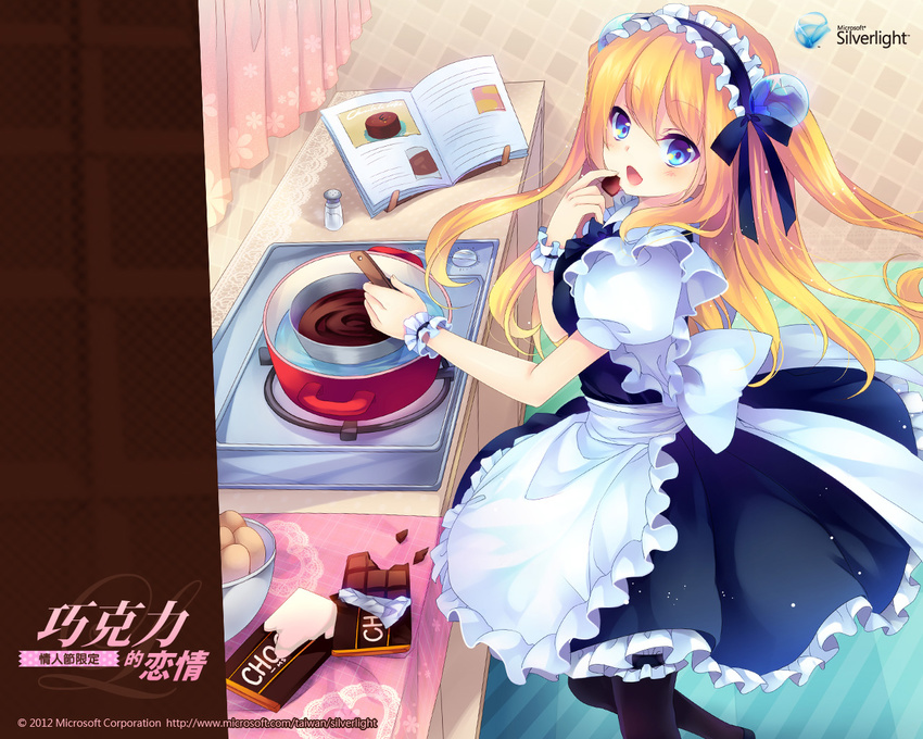 aizawa_hikaru blonde_hair blue_eyes chocolate chocolate_bar chocolate_making garters hair_ornament long_hair maid maid_headdress microsoft official_art open_mouth pantyhose pot silverlight smile solo stove two_side_up valentine wallpaper