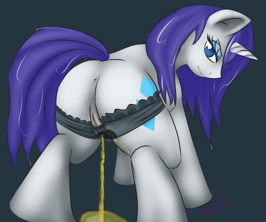 anus blue_eyes butt cutie_mark edit equine female friendship_is_magic hair horn horse long_hair looking_at_viewer looking_back my_little_pony panties peeing pony presenting purple_hair pussy rarity_(mlp) solo spreading synad tail underwear urine wet